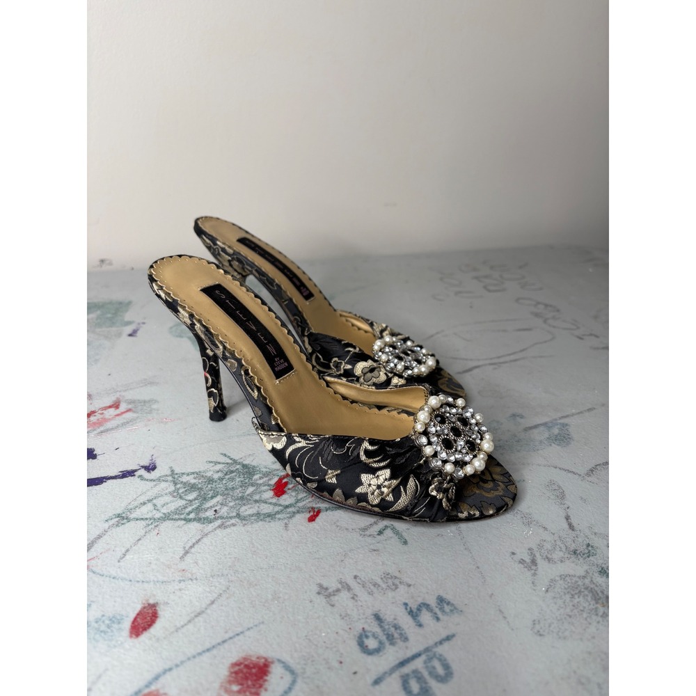 Steven by Steve Madden Brocade Mules Black Gold Floral Pearl Crystal Heels 6.5M